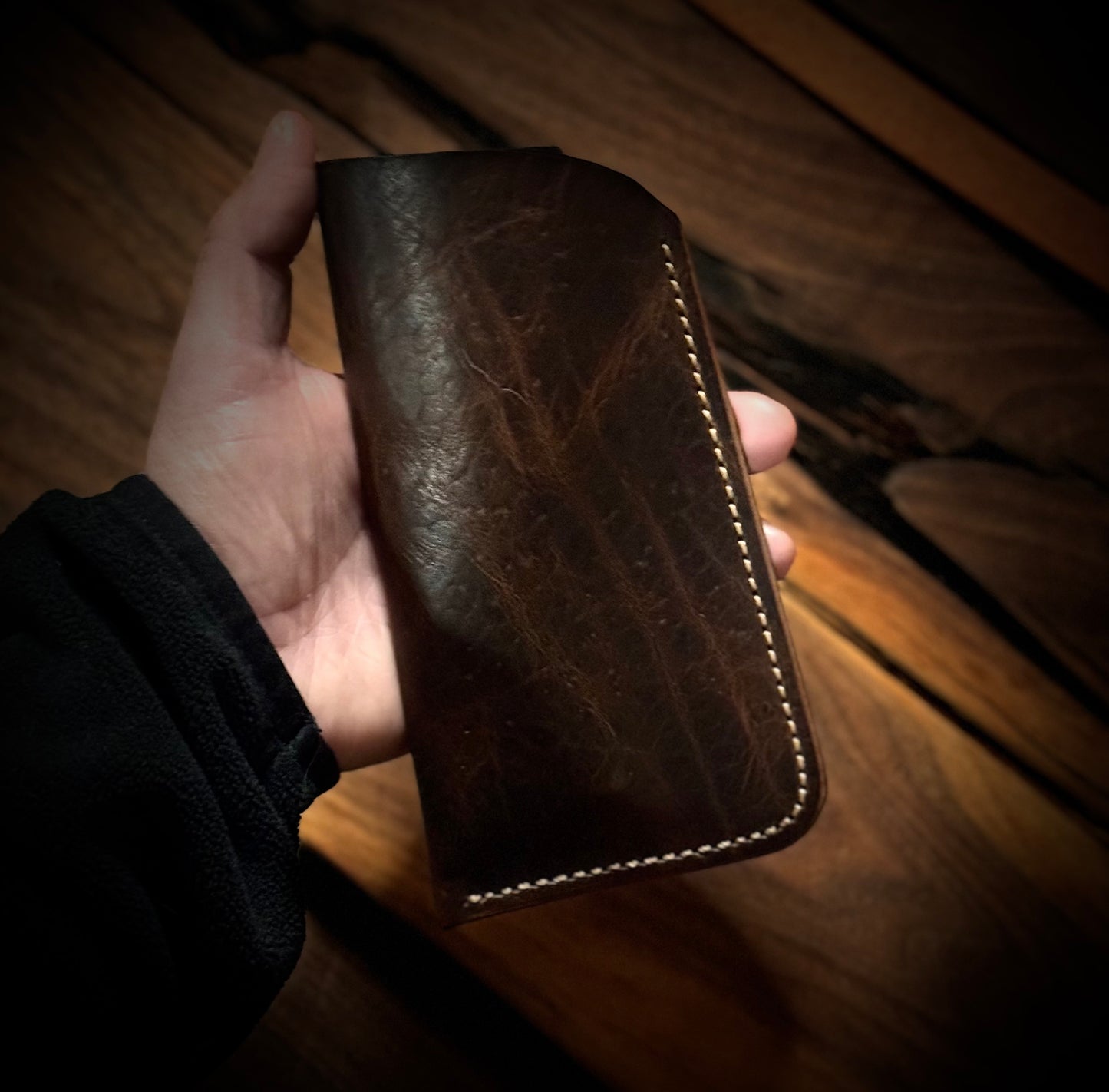 Handmade Leather Eye Glasses Case held in palm