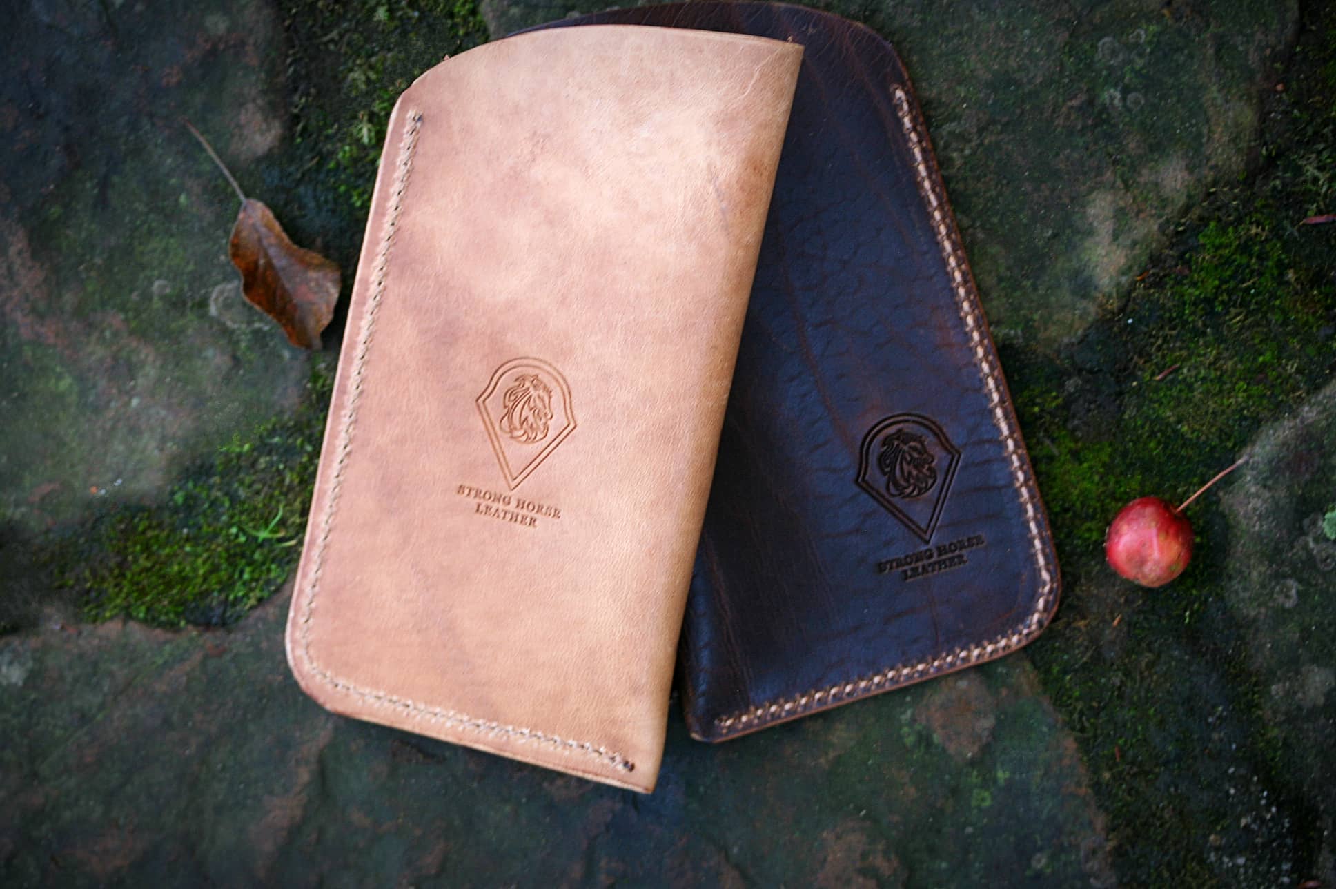 Handmade Leather Eye Glasses Case wheat and brown with Strong Horse Leather logo stamp