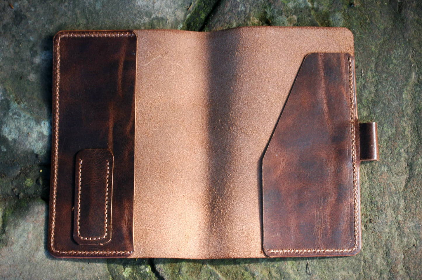 Leather Journal Cover - A5 (5x8) refillable notebook open with pen holder